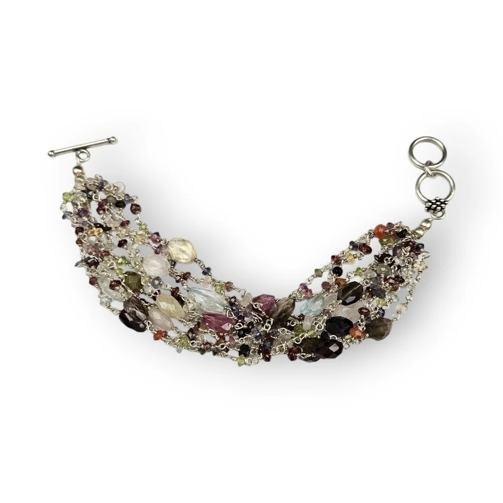 Assorted Gemstone Multi Chain Bracelet Colorful Bead Silver Plated 7.5